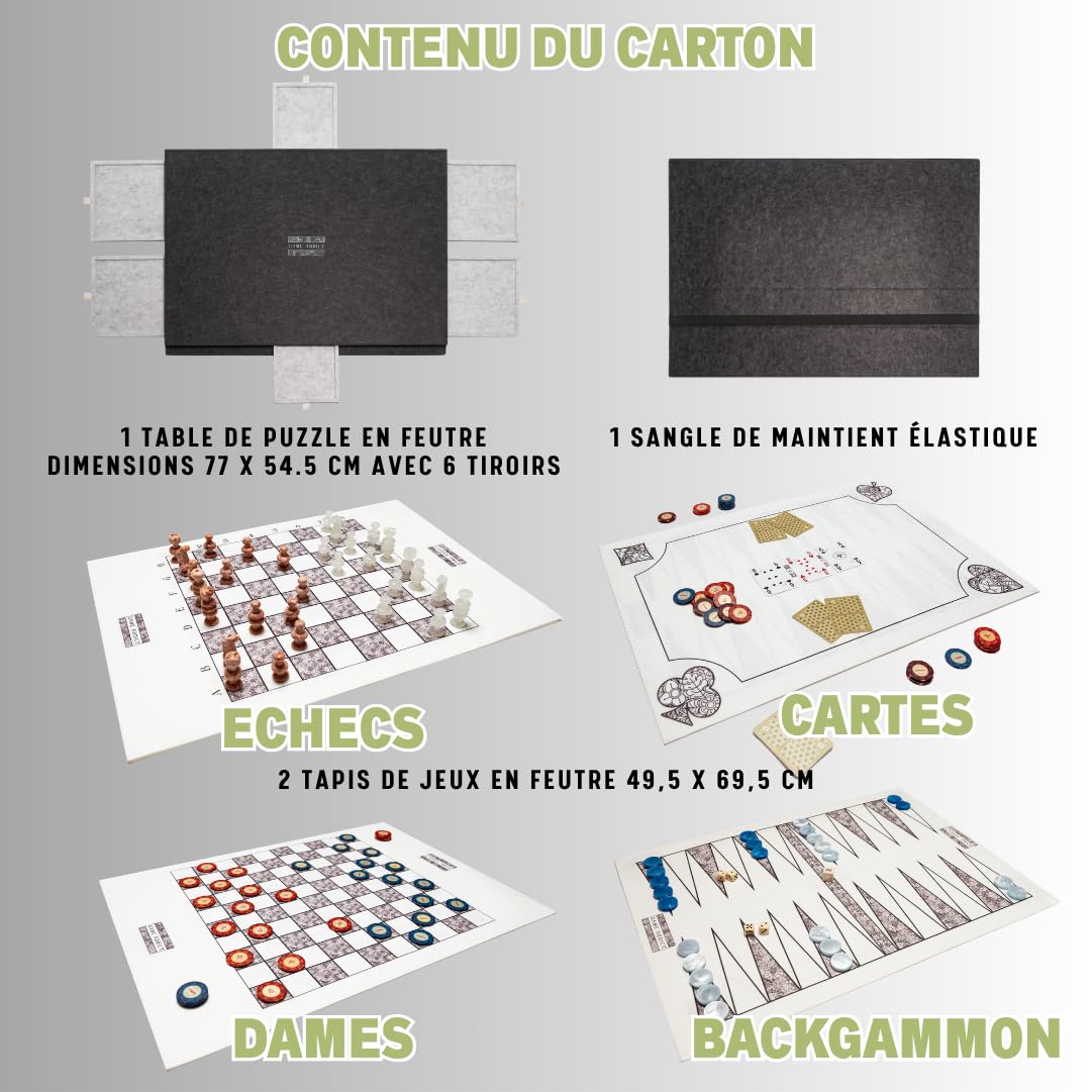 Table Puzzle avec 2 Tapis de Jeux-Échecs Dames Backgammon Cartes-Support en Feutre Inclinable avec Bordures, 6 Tiroirs de Rangement, Fermeture par Couvercle et Sangle pour Puzzle Jusqu’à 1000 Pièces