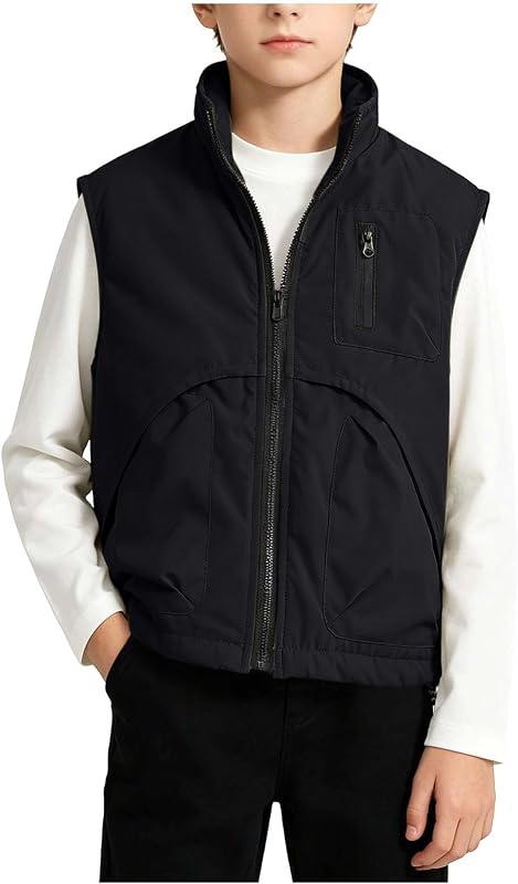 Chaleco ligero para niños, campera de color sólido con cremallera completa sin mangas de invierno para niños, prendas de vestir de otoño lindas con bolsillos