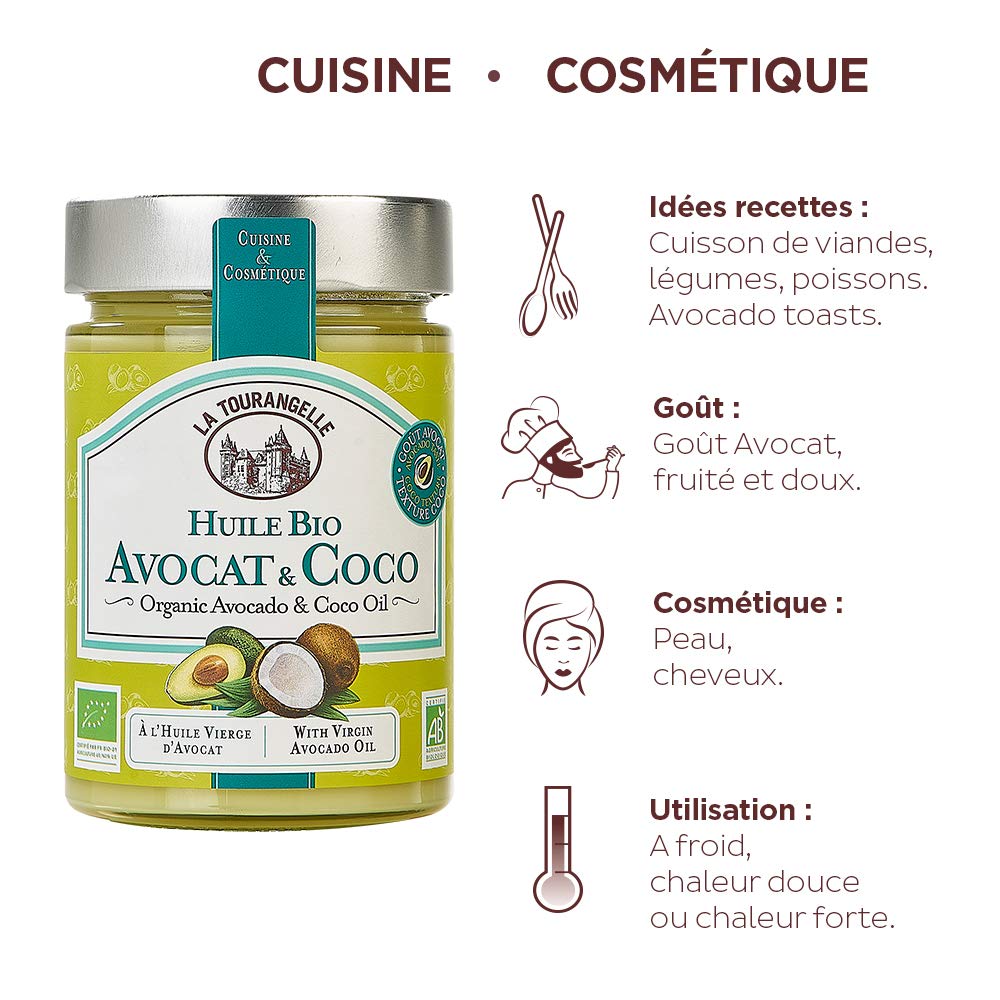 La Tourangelle - Huile bio avocat et coco - Mélange d'huile vierge d'avocat et de noix de coco - Huile cosmétique pour peaux et cheveux - 314ml
