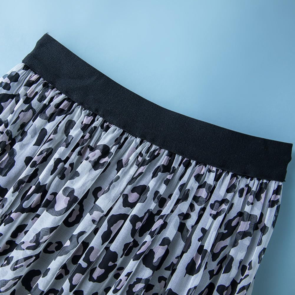 DISSA Jupe Midi Soie Imprimé Léopard Taille Élastique | Imprimé léopard bleu, taille élastique, longueur midi, tissu léger, streetwear tendance, tenue décontractée, style chic