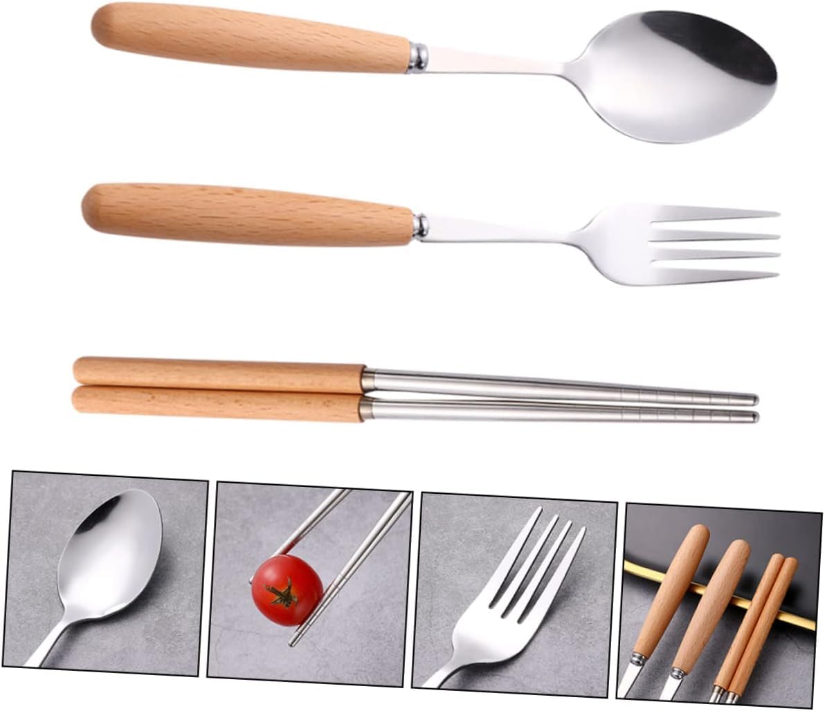 Juego De 3 Tenedores De Cena, Cubiertos De Acero Inoxidable, Cuchillo, Tenedor, Cuchara, Mango De Madera, Juego De Cubiertos para Cocina Y Postre,