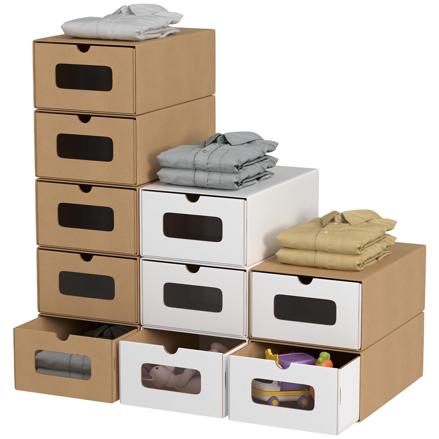 Scatole portaoggetti con finestra di visualizzazione, set da 10, 33 x 30 x 35 cm, impilabili per scarpe in cartone, scatola per giocattoli, per accessori e accessori, colore marrone e bianco