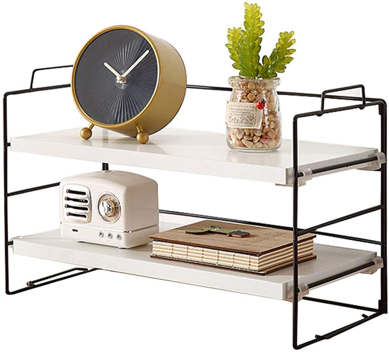 INDIAN DECOR. 38740 Adjustable Desktop Storage Shelf, Expandable Plant and Flower Shelf, Bookshelf, File and Magazine Organizer Suitable for Home, Office, Kitchen,Study Room - Black Frame White Wood.-image-30
