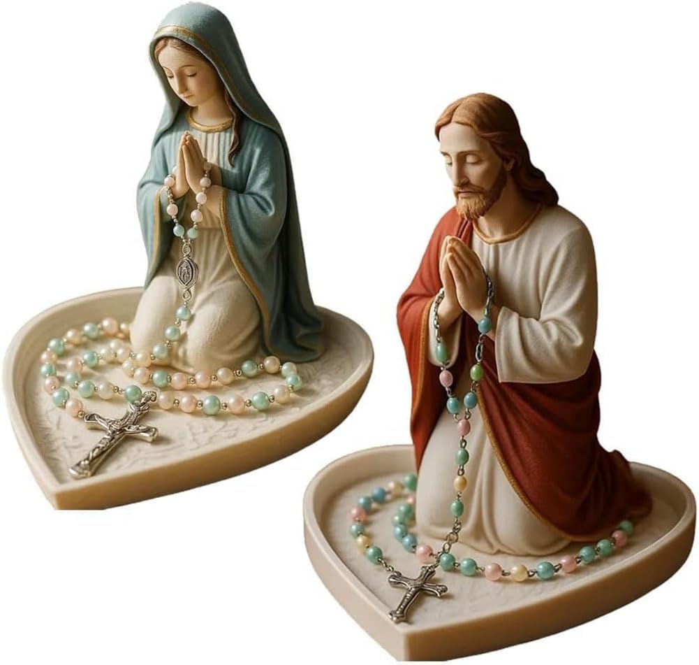 ZVUTRCUV Virgin Mary-Rosary Holder, Jesus-Rosary Holder, Christian Home Decor Tabletop Statue, Resin Statue with Detailed Craftsmanshipyeshi,for Rosaries, Necklace & Rings (A+B,1pcs)