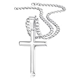 925 Sterling Silver Cross Necklace Beveled Edge for Men Women 5mm Stainless Steel Non Tarnish Durable Cuban Link Curb Chain Crucifix Pendant Necklace Jewelry 16-30 Inches