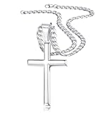 925 Sterling Silver Cross Necklace Beveled Edge for Men Women 5mm Stainless Steel Non Tarnish Durable Cuban Link Curb Chain Crucifix Pendant Necklace Jewelry 16-30 Inches