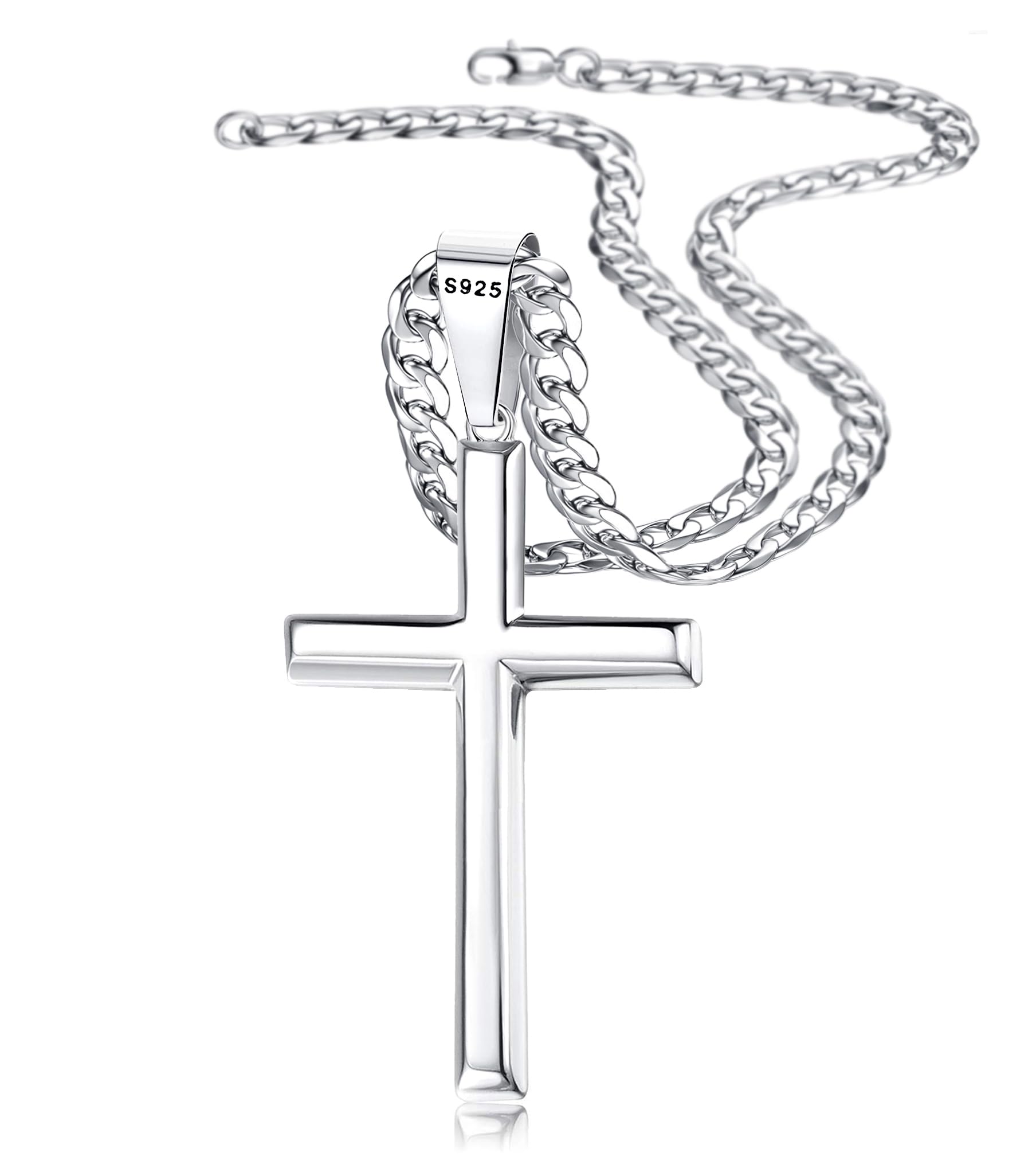 Besteel 925 Sterling Silver Cross Necklace Beveled Edge for Men Women 5mm Stainless Steel Diamond Cut Durable Cuban Link Curb Chain Crucifix Pendant Necklace Jewelry 16-30 Inches