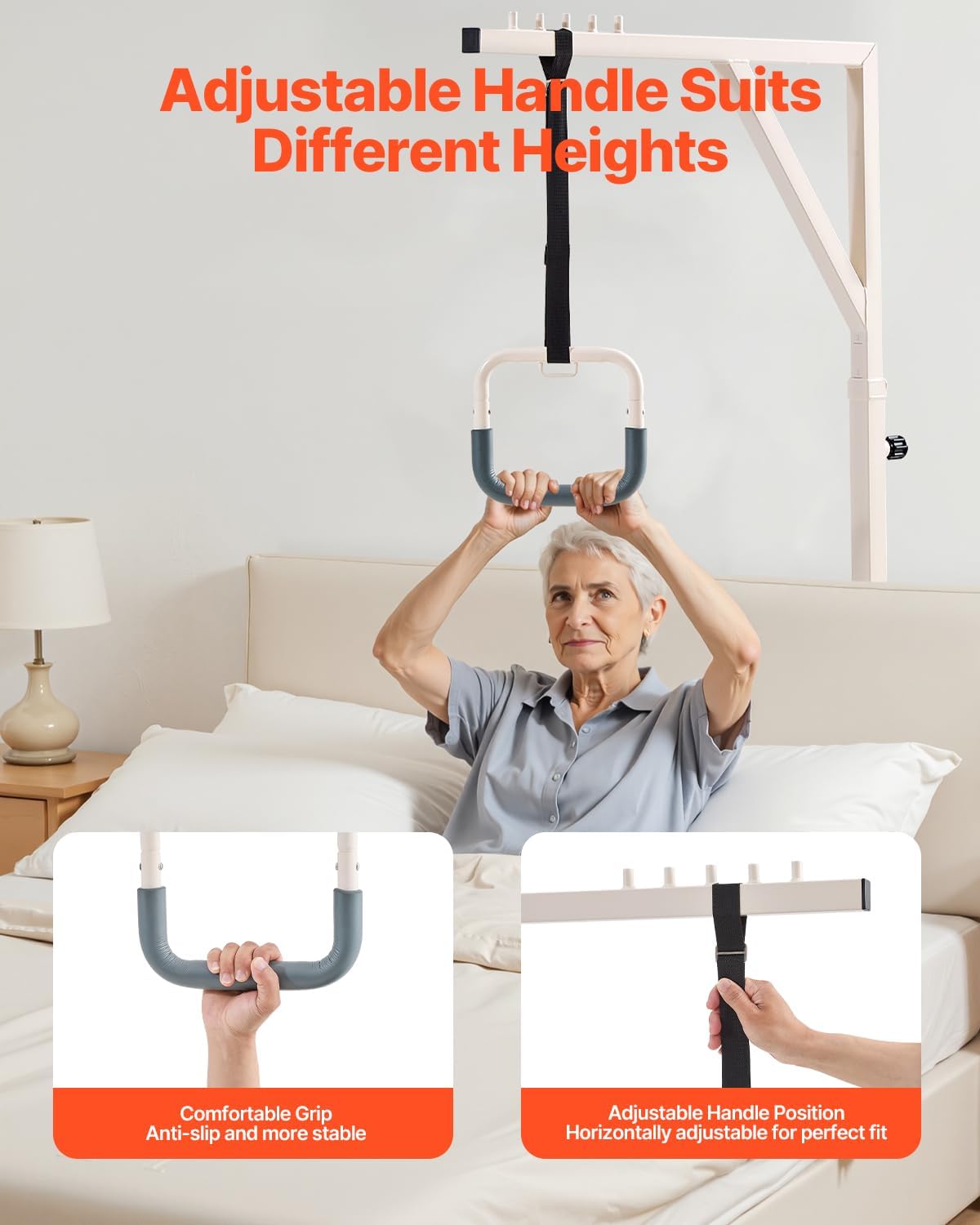 VEVOR Trapeze Bar for Bed Mobility, Height-Adjustable Bed Trapeze with 2 Casters, 350LBS Weight Capacity Heavy Duty Pull Up Trapeze Bar with Floor Stand for Elderly, Disabled, Bedridden Patients