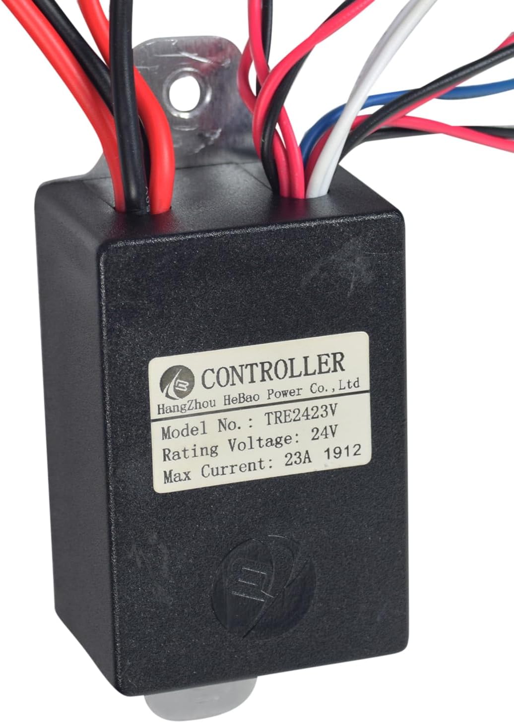 Close-up of the AlveyTech TRE2423V controller label showing model number and voltage