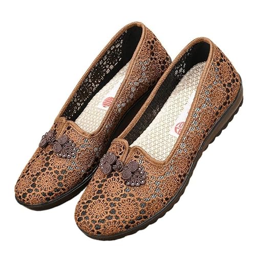 Summer New Cloth Shoes Women's Flying Woven Hollow Breathable Middle-Aged and Elderly Mother Soft Sole Comfortable Casual Women's Shoes (7170 Coffee Color,9)