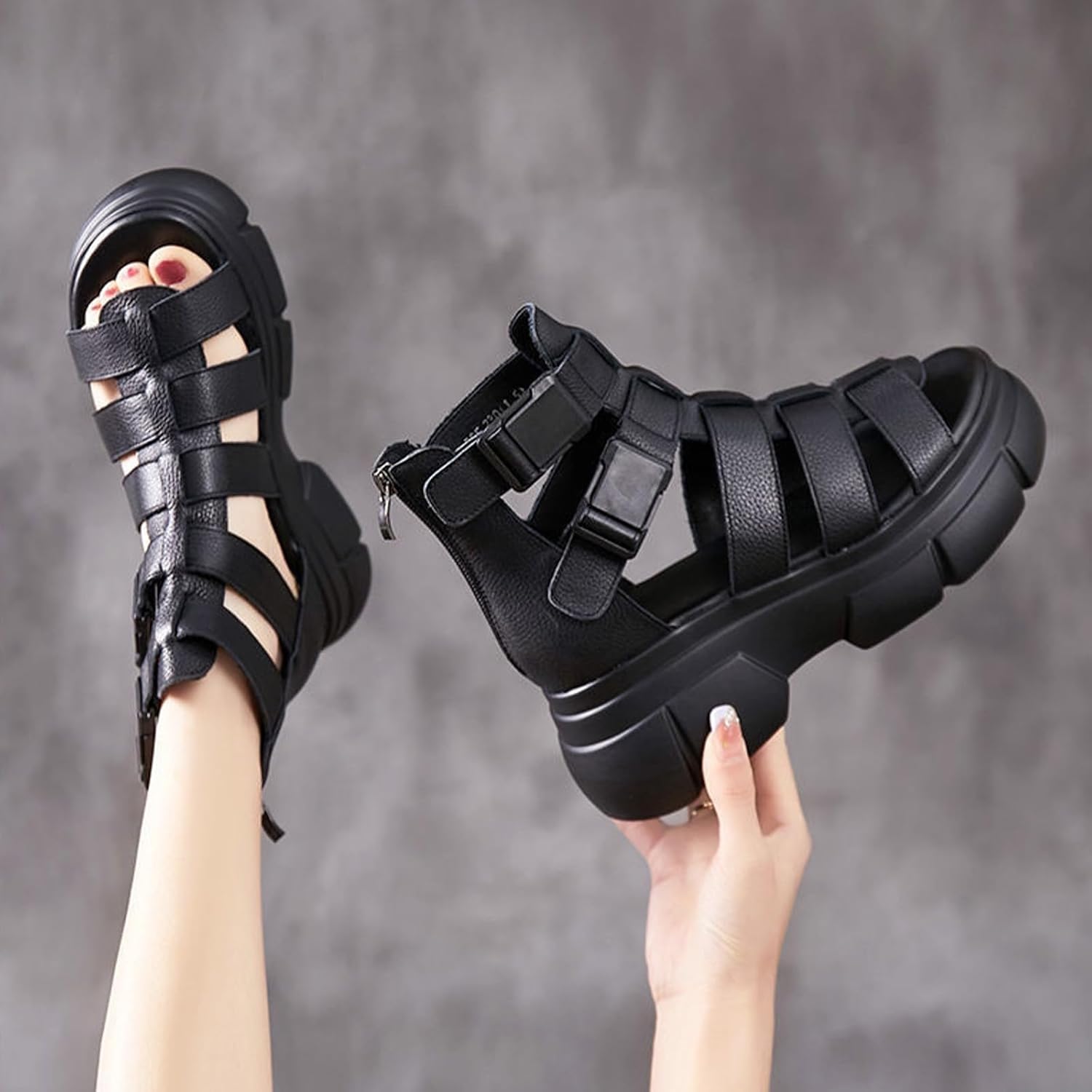 Optigard Women's Leather Platform Gladiator Sandals with Back Zipper, Open Toe Non-Slip High-Top Fisherman Sandals Comfortable Chunky Dress Party Roman Shoes - Image 3