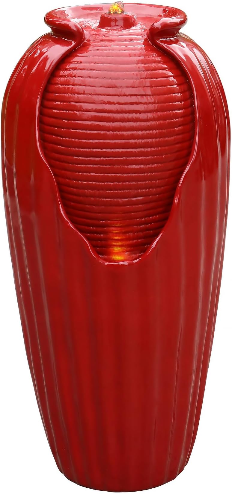 Teamson Home Glazed Vase Floor Freestanding Water Fountain with LED Lights and Pump for Outdoor Patio Backyard Deck Plant Garden Décor, 32 Inch Height, Red
