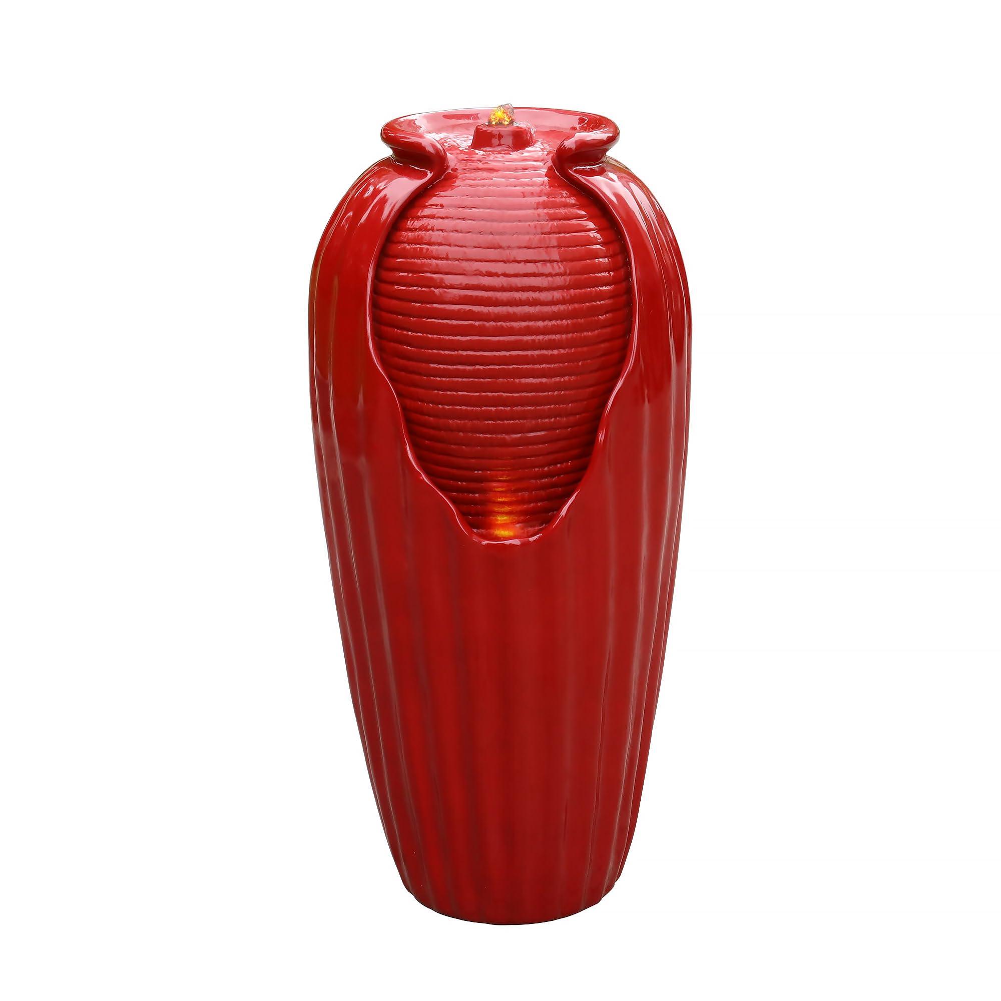 Teamson Home Glazed Vase Floor Freestanding Water Fountain with LED Lights and Pump for Outdoor Patio Backyard Deck Plant Garden Décor, 32 Inch Height, Red