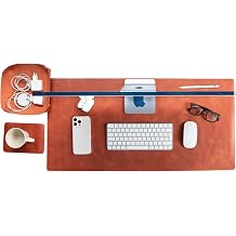 Leather 3-in-1 Desk Mat Set Desk Mat 32"x16", Organizer Tray & Cup Coaster Full-Grain Leather Desk Pad for Office & Home Elegant Workspace Accessories for Men & Women, Cinnamon