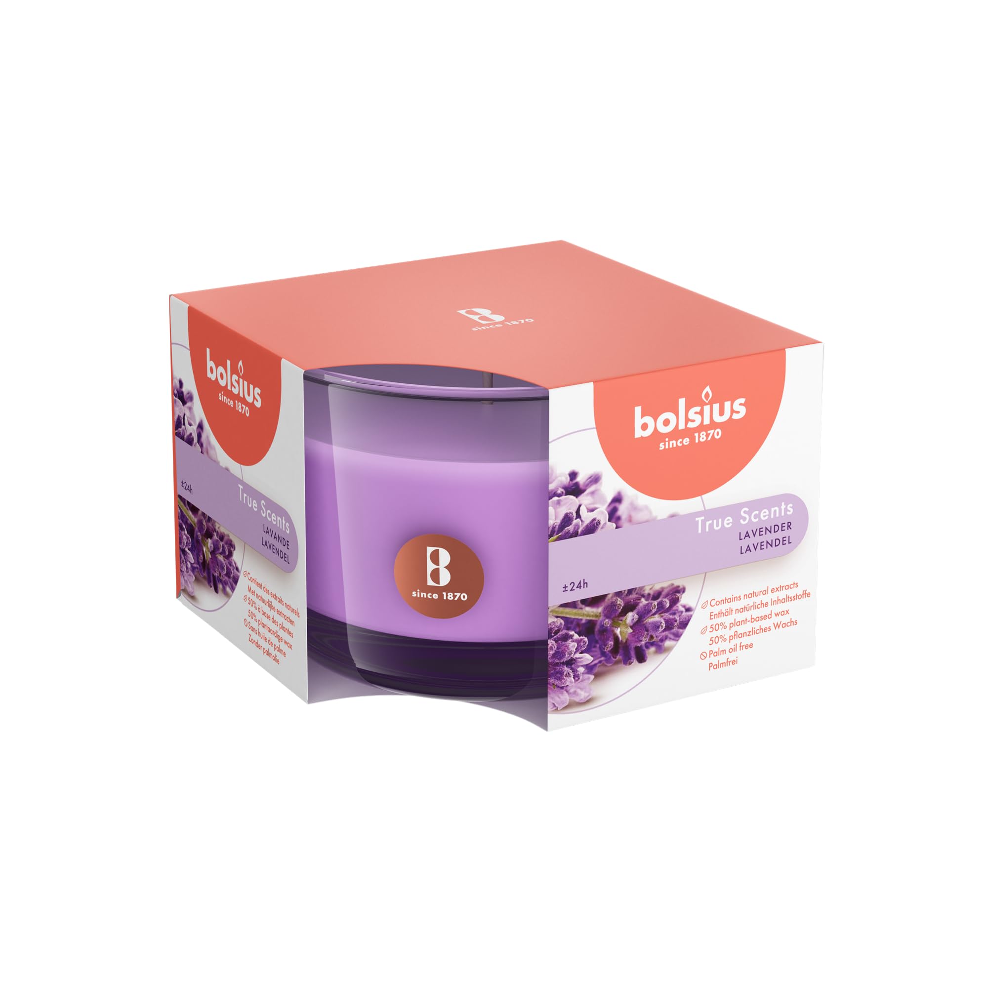 Bolsius Medium Glass Scented Candle Lavender, Wax, Purple