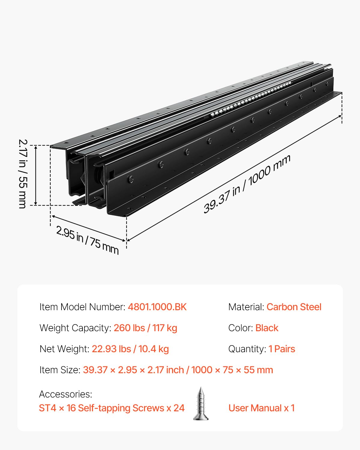 VEVOR Guide per Cassetti Sottotop, Guide per Mobili Sottoscala con Cuscinetti a Sfera a Estensione Completa, Capacità 117 kg, Guide Resistenti, per Sostituzione, Nero 1000 mm, 1 Paio