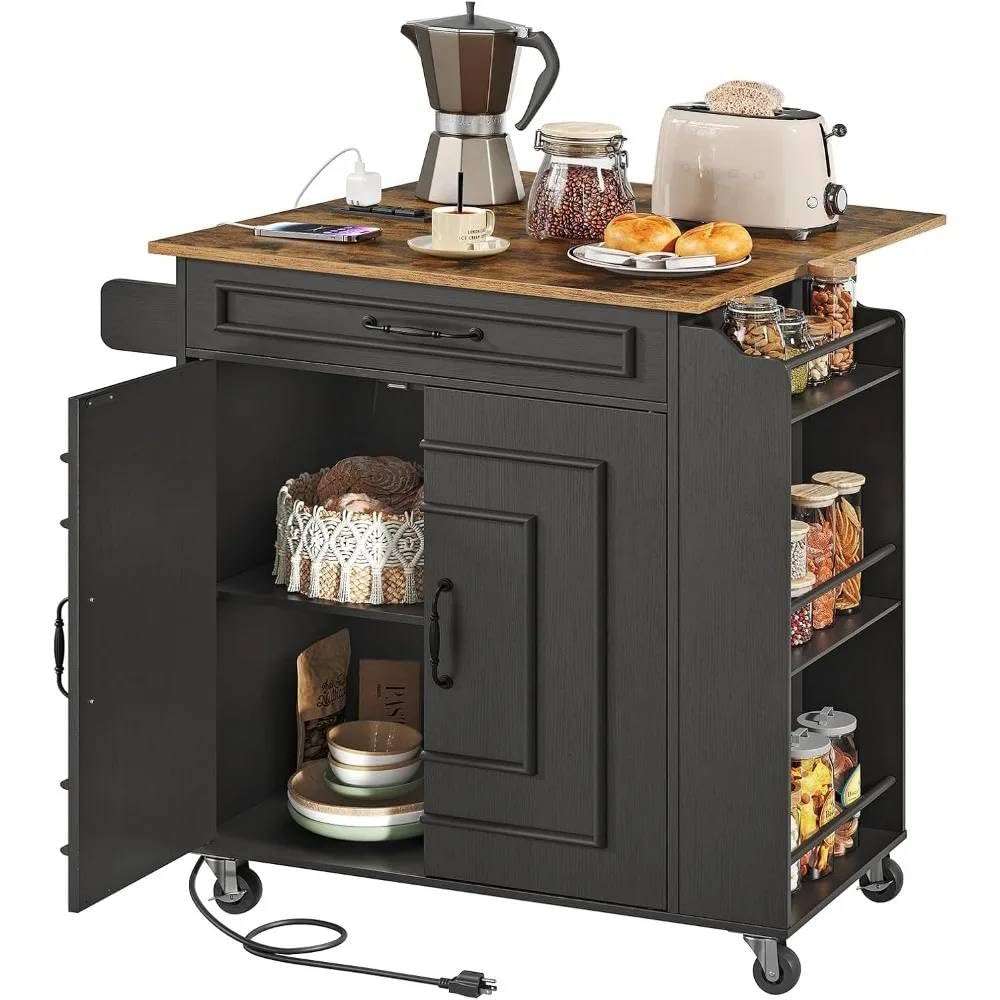 ‚Rolling Kitchen Island Cart with Power Outlet Drop-Leaf & Spice Rack - Expandable Kitchen Storage Solution-image-5