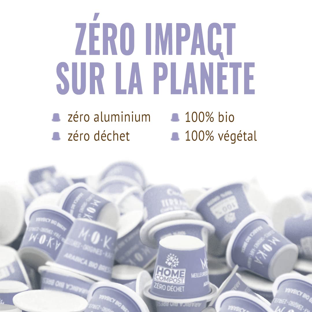 MOKA - 160 Capsules Café Bio d'excellence 100% Pur Arabica Mexique Honduras Ethiopie Pérou - Compatibles avec Nespresso - Intensité 6-8 - Home Compost - Expresso et Lungo - Torréfié en France