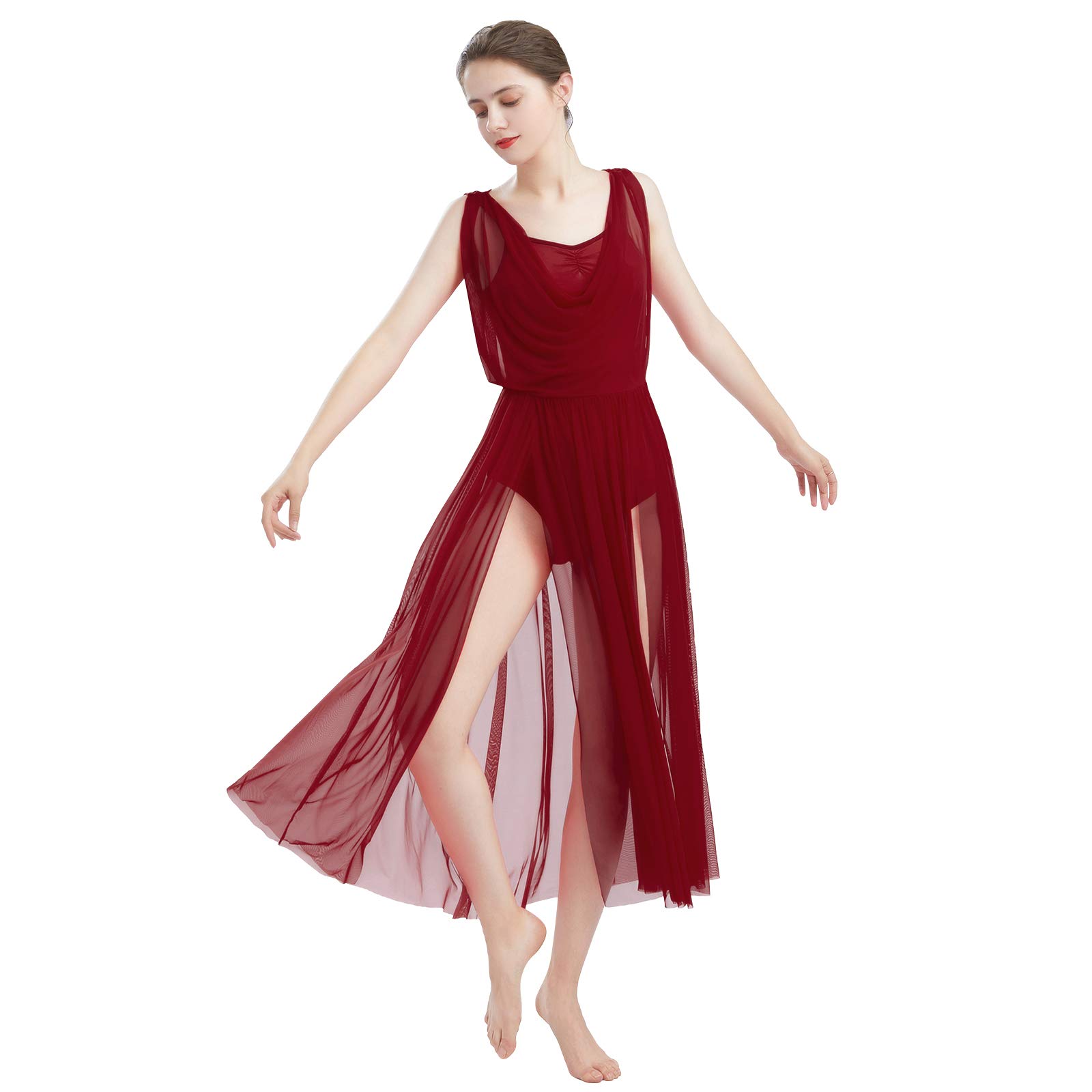 FYMNSI Adult Women Lyrical Dance Costume Modern Contemporary Dancewear V-Neck Backless Split Mesh Tulle Long Skirt Flowy Overlay Dress Stage Performance Clothing