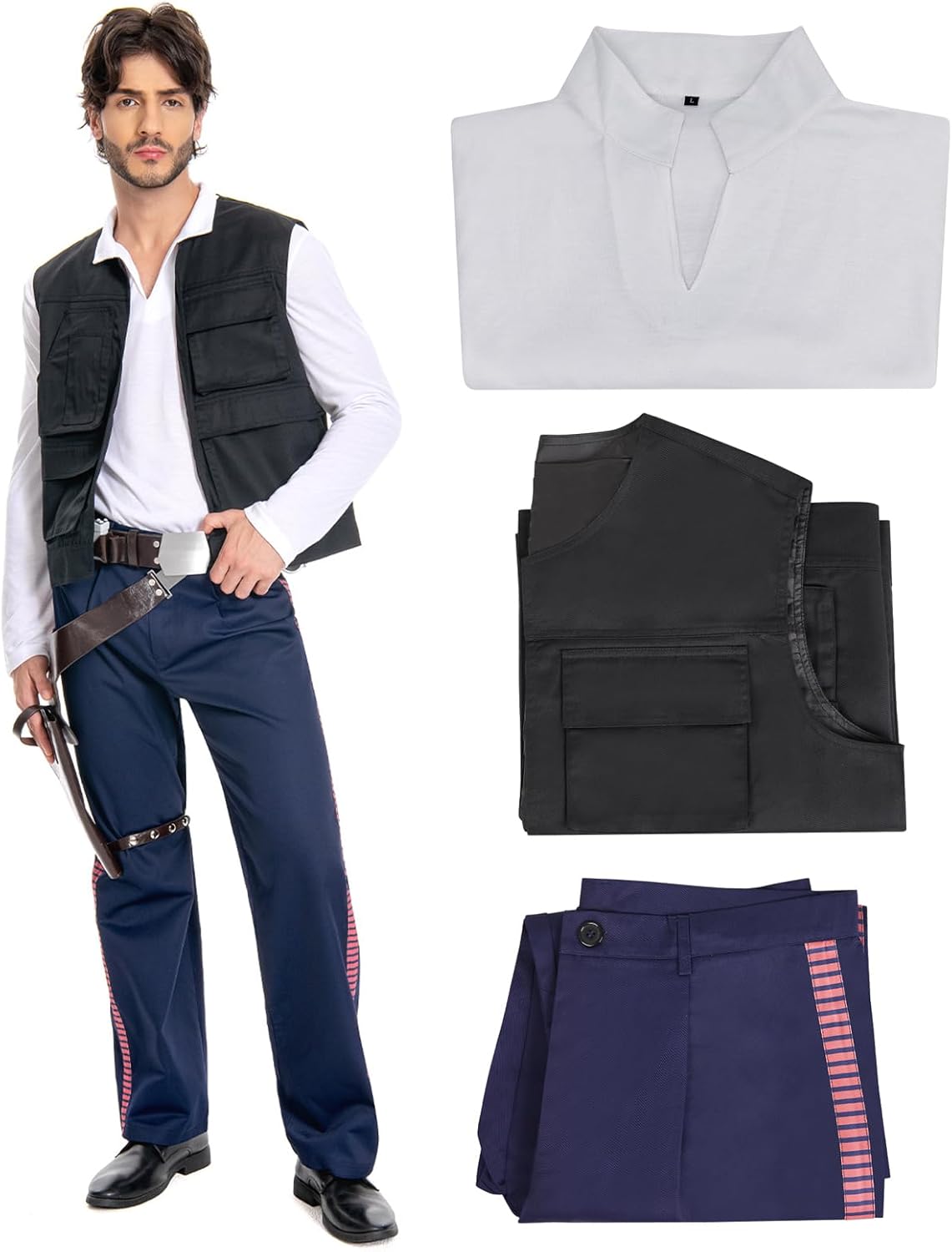Men Space Adventure Cosplay Costume White Shirt Side Red Striped Pants Multi Pocket Vest Captain Outfit Full Set