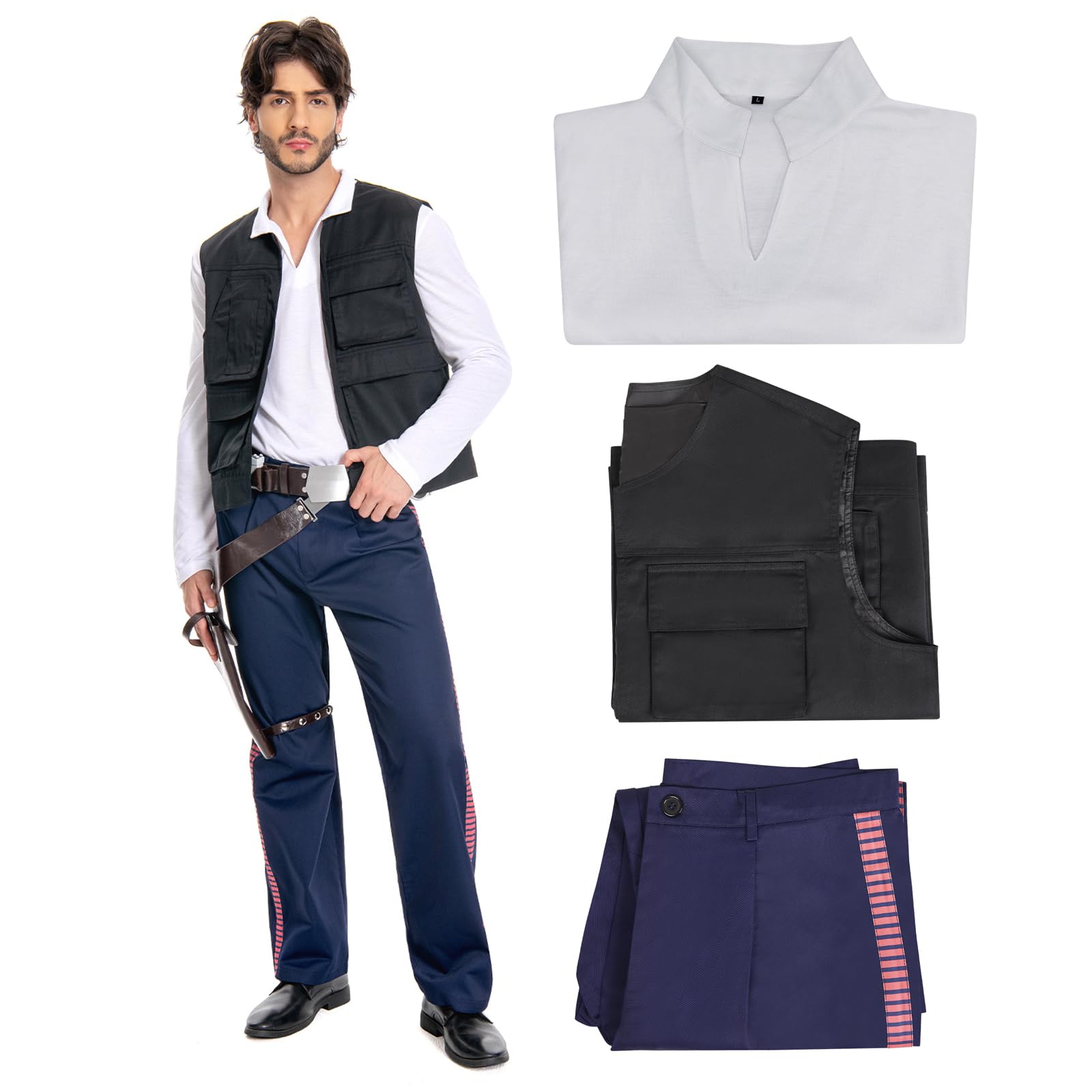Men Space Adventure Cosplay Costume White Shirt Side Red Striped Pants Multi Pocket Vest Captain Outfit Full Set