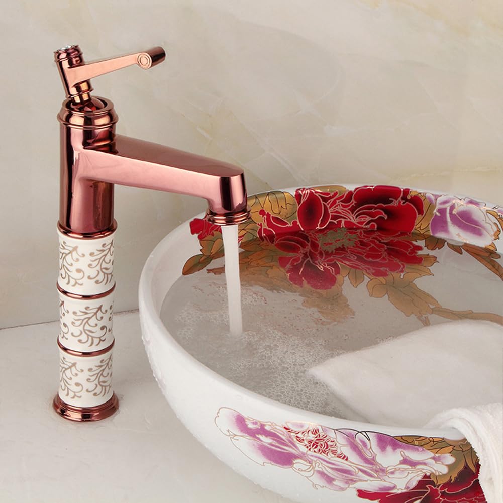 Grifo De Baño Grifo Lavabo Alto, Estilo Vintage Retro Latón Monomando Mezclador De Lavabo, Ajustable Para Agua Fría Y Caliente, Oro Rosa