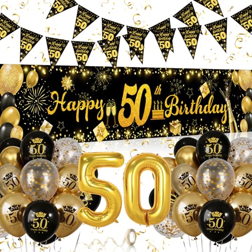 Decoracion 50 Cumpleaños Mujer Hombre Oro y Negro, Globos 50 Cumpleaños con Pancarta de Bandera Triangular y Decoración para Fotos para Fiesta 50 Años