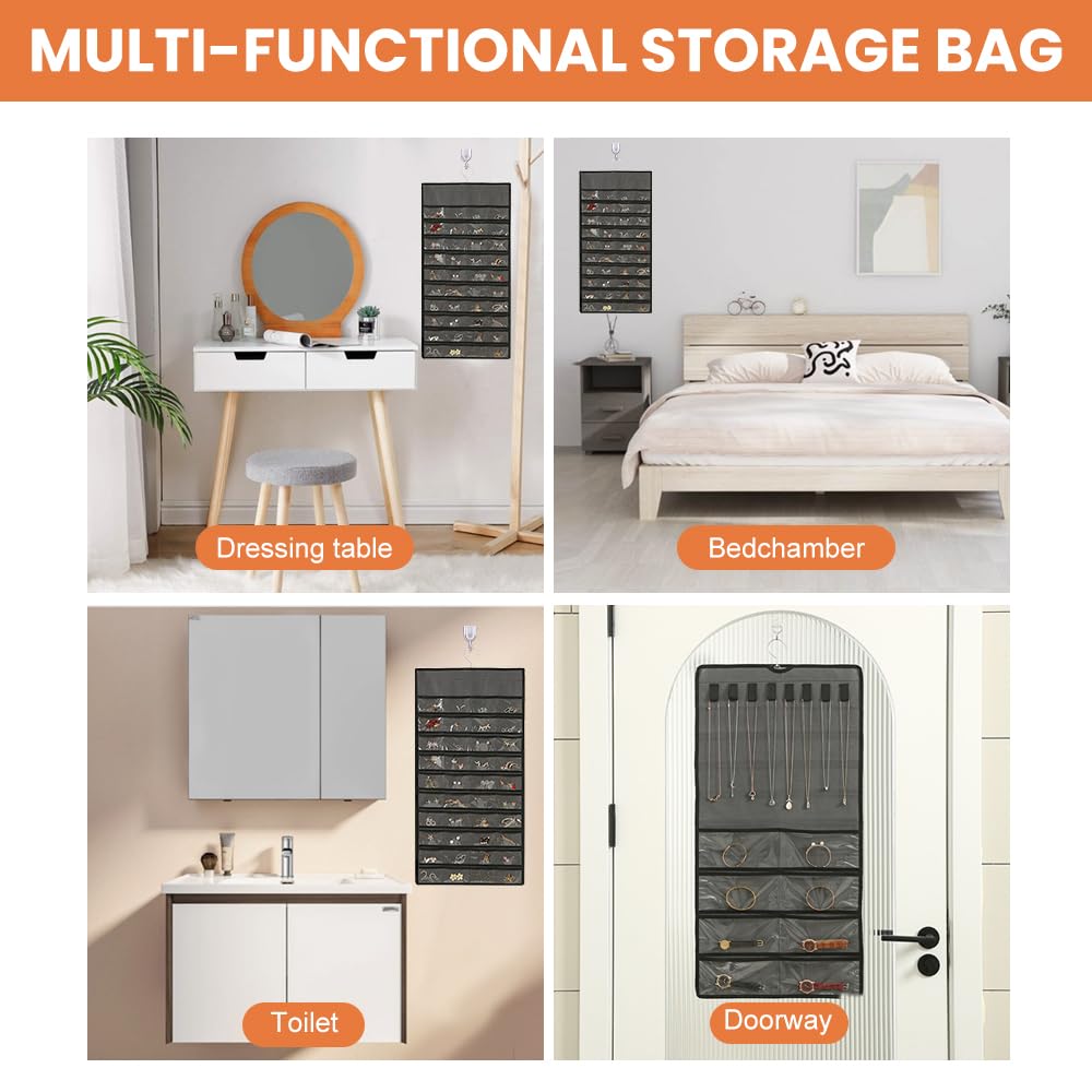 Organizador de Joyas Colgante de Doble Cara Soporte para Colgar Joyas Pared Armario Organizador Bisuteria Colgante Soporte Aretes Collares Pendientes Exhibición Hanging Jewelry Organizer-Gris