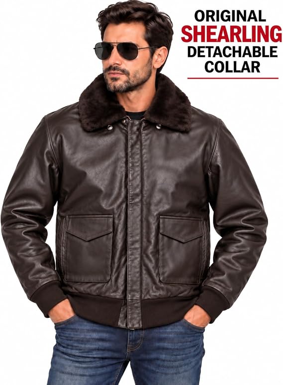Men Leather Aviator Jacket - Leather Real Sheepskin Shearling Collar Flight Jacket
