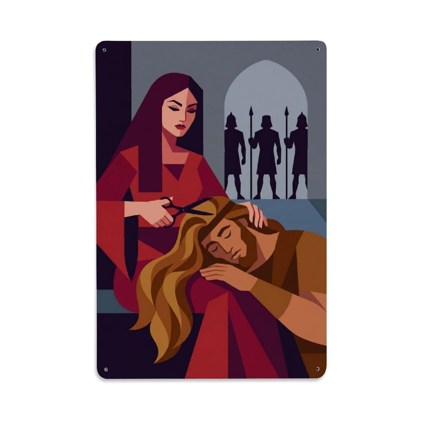 Samson Delilah Bible Old Testament Betrayal Story Judges Metal Tin Sign Plaque Wall Decor for Cafe, Man Cave, Club Bar, Office, Home Garden Round Metal Poster 8x12Inch