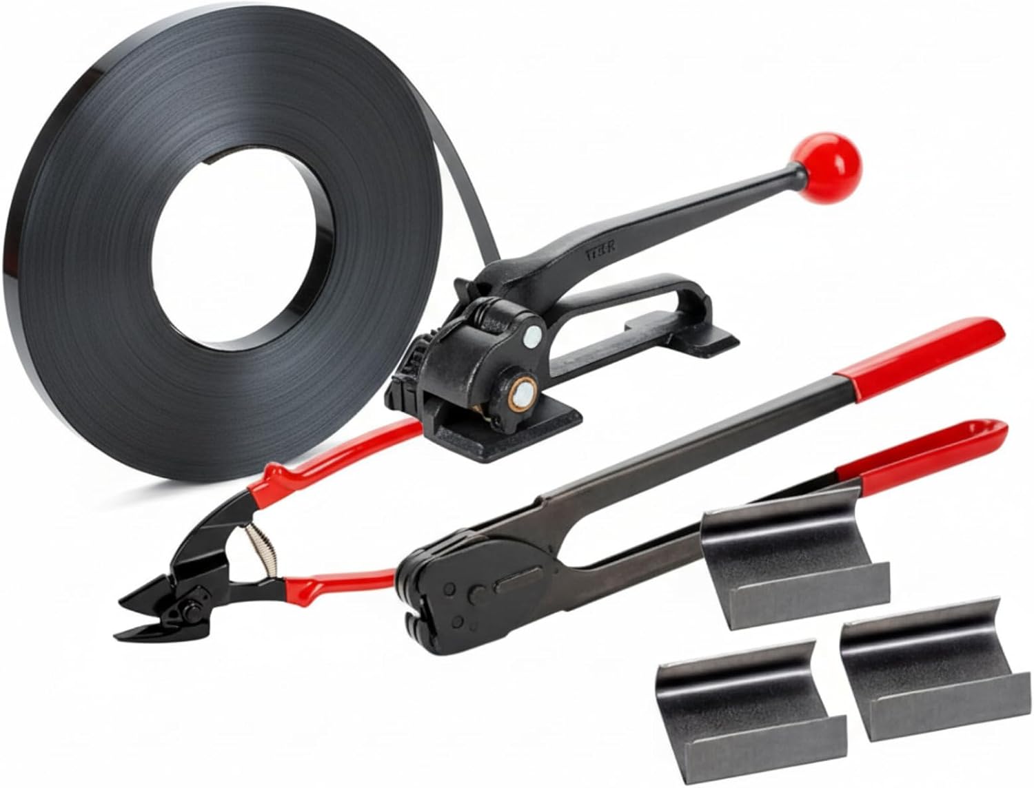 1/2" x 200' Steel Banding Strapping Kit 1100 Lbs Break Strength Heavy Duty Pallet Strapping Set with Steel Tensioner, Cutter, Sealer Tool, 100 Open Metal Seals for Secure Load Packaging