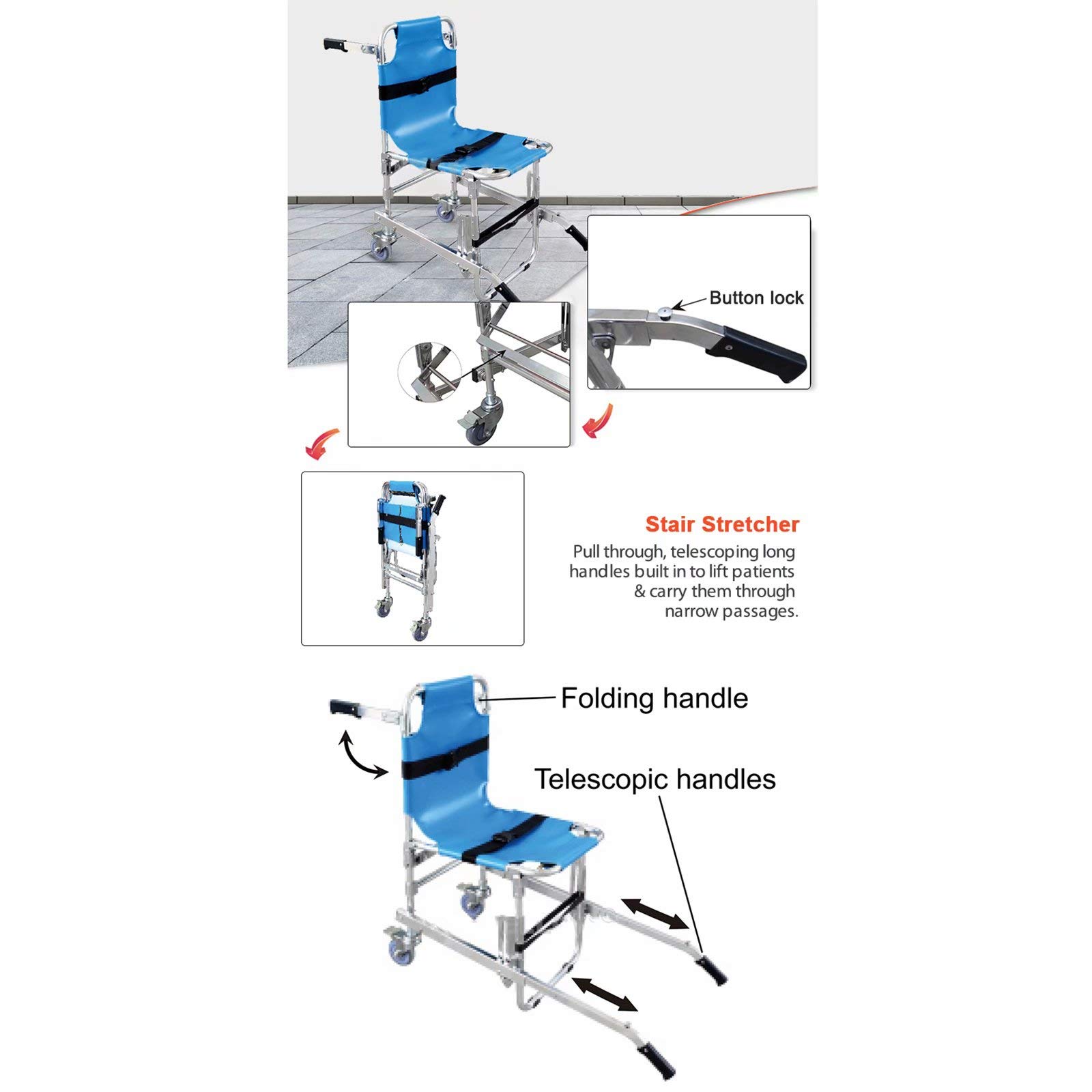 Silla médica portátil con 4 ruedas, silla plegable EMS para evacuación de bomberos de ambulancia, silla de escalera ligera y plegable