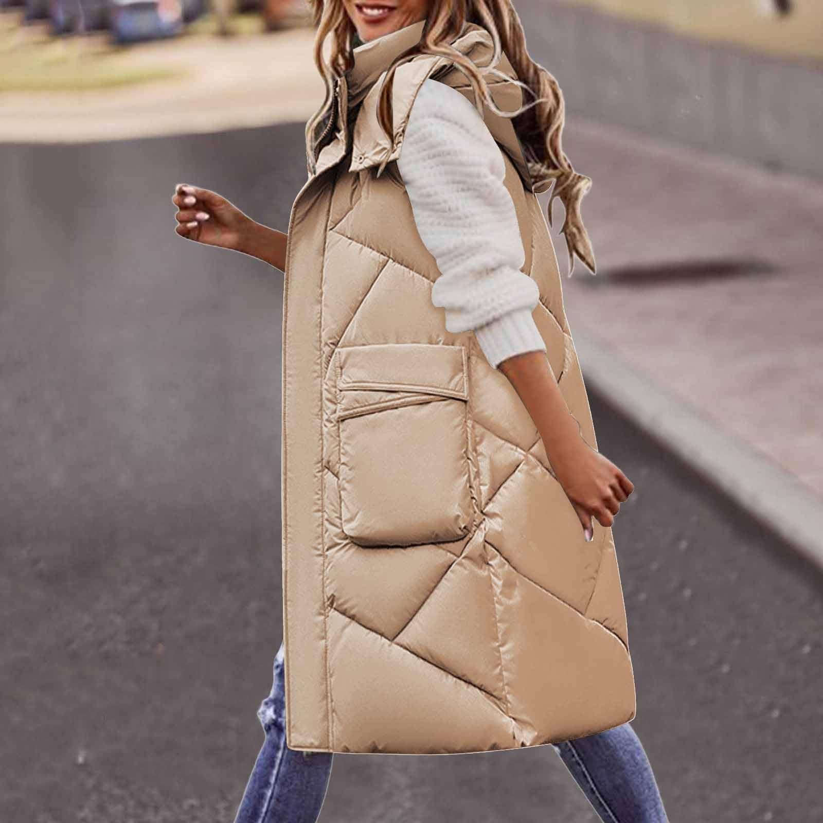 Generisch Chaleco acolchado para mujer, largo y tallas grandes, chaleco de plumón para mujer, ligero, sin mangas, chaleco de invierno, chaleco con capucha extraíble, con bolsillos, chaqueta de algodón