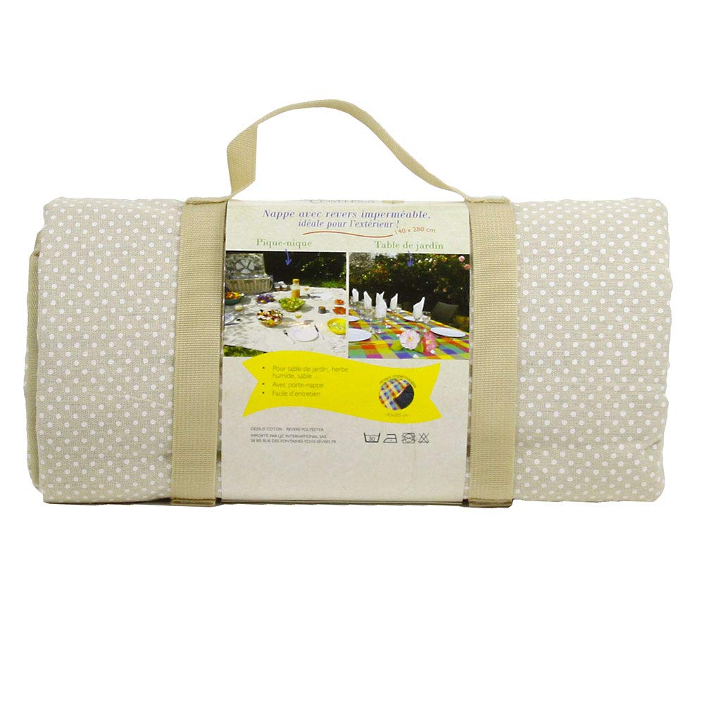 Les Jardins de la Comtesse - Nappe Pique Nique Rectangulaire XL “ Beige à Pois Blancs “ - Coton et Revers Imperméable Polyester - 280x140 cm - Aussi pour Table de Jardin - 8/12 Personnes