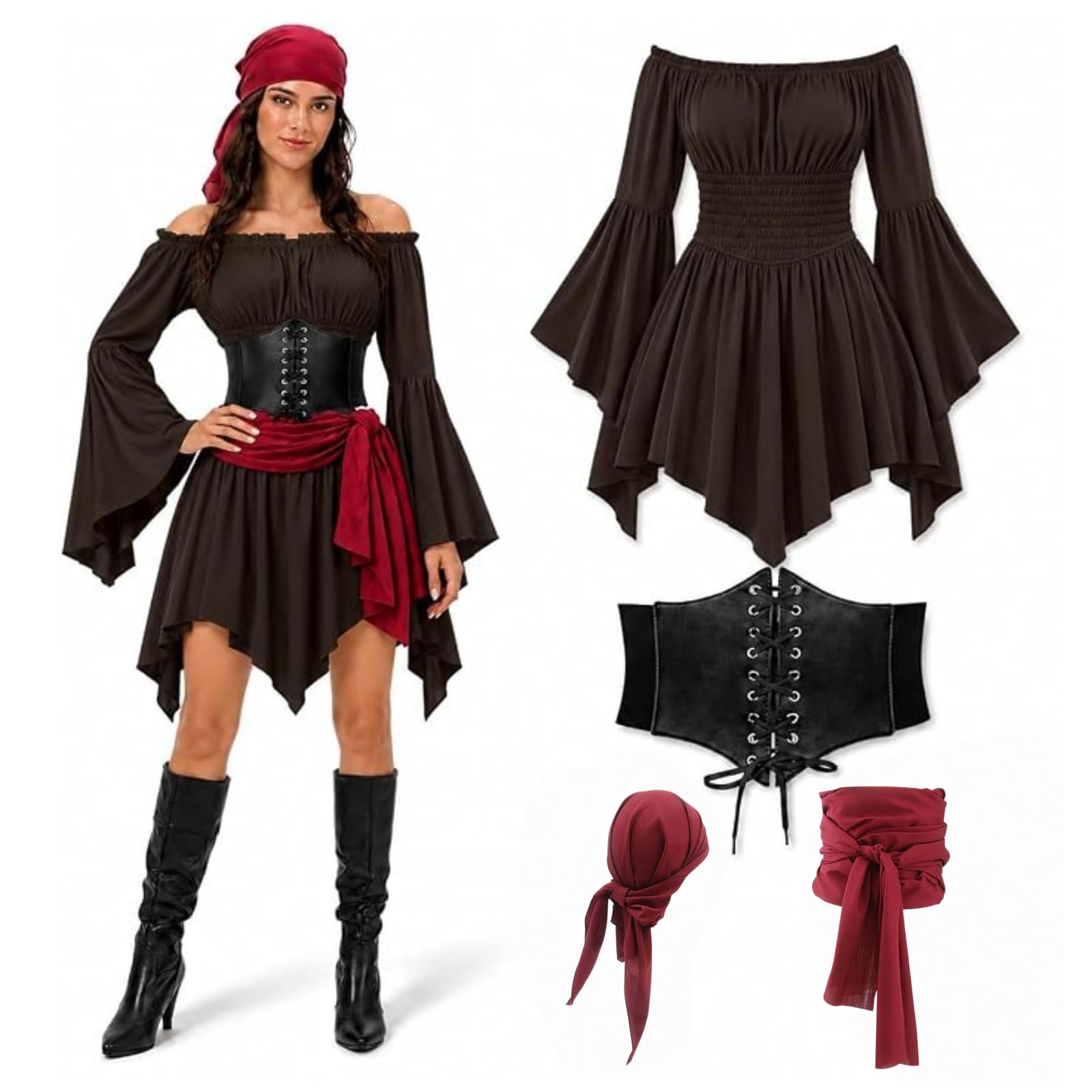 Piratenkostüm Zubehör Set Damen, 4-Teiliges Mittelalter Off-Shoulder Kleid Damen mit Piraten Korsett Piratenkleid Karnevalskostüm Cosplay, Accessoires Halloween Karneval