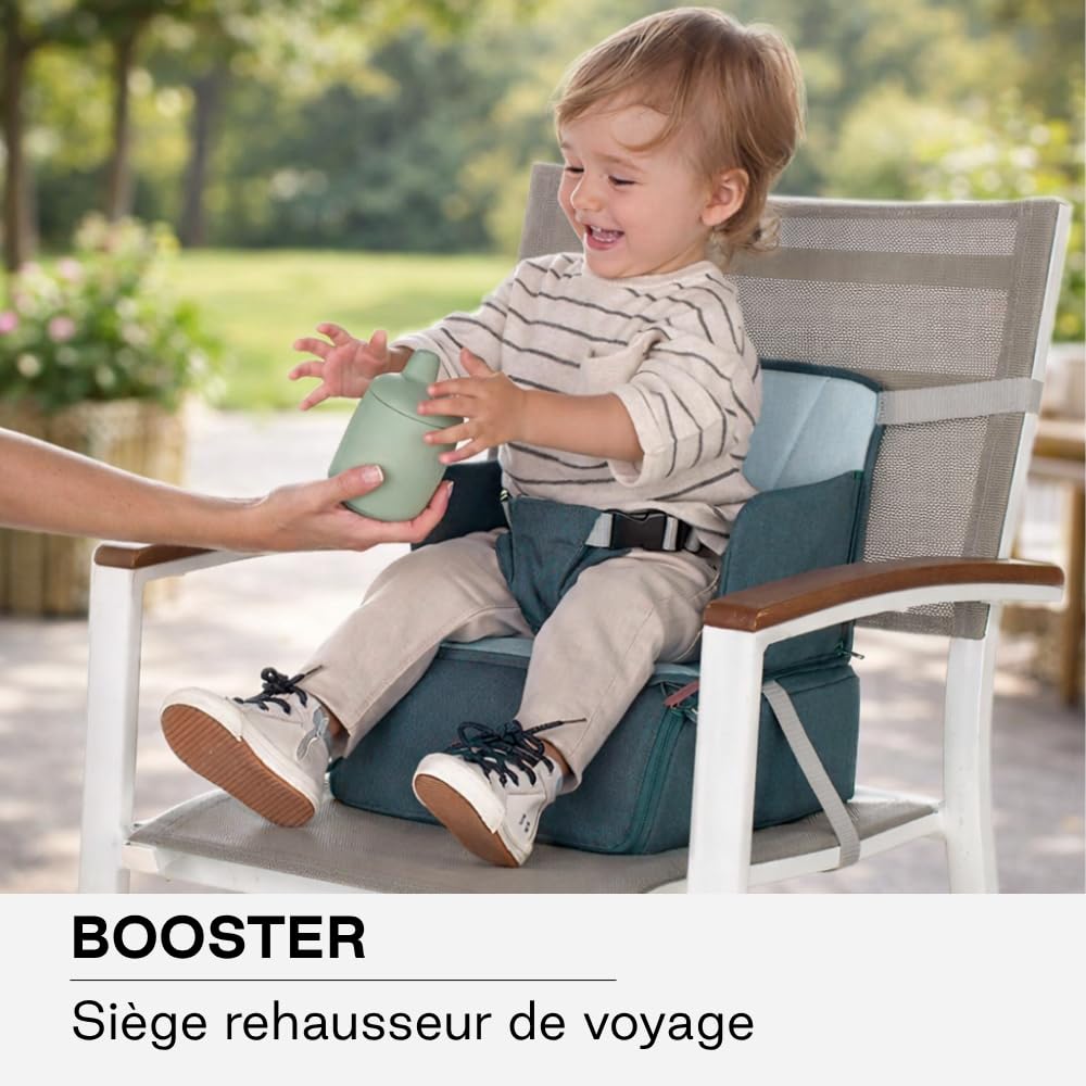 Jané Booster Seat Réhausseur de Chaise Bébé, Chaise Haute de Voyage avec Compartiment, Fixation Sécurisée, Jusqu’à 15 kg, Bleu