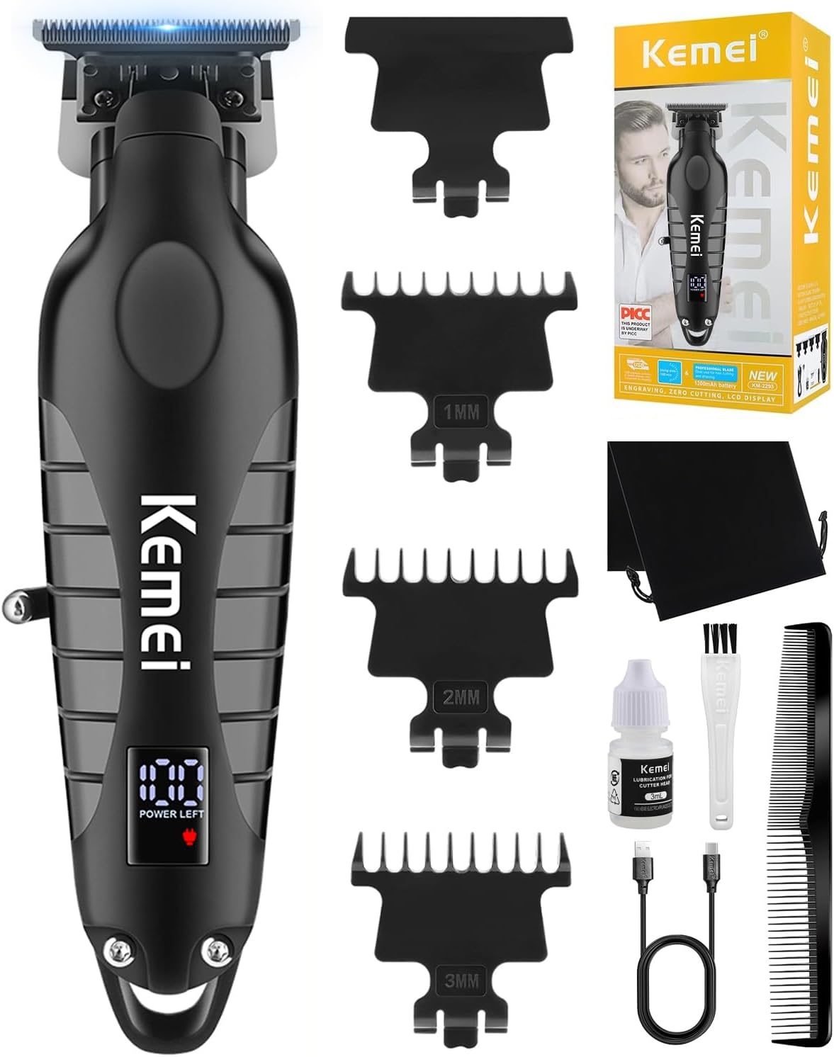 KEMEI 2293 Trimmer, Professional Cordless Hair Clipper for Men, Electric Beard Trimmer Men, Zero Gapped T-Blade Hair Trimmer with LED Display