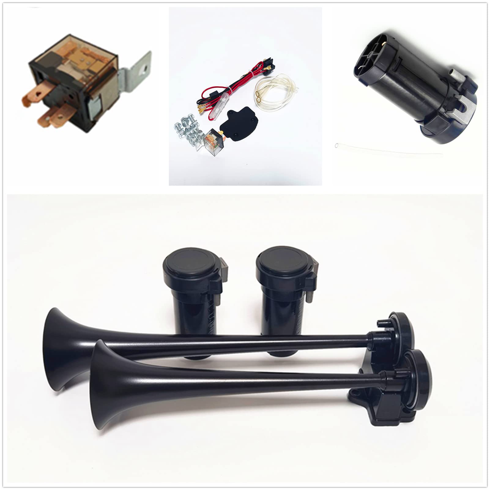 Klaxon de voiture Klaxon à air noir 12V Car Horn Klaxon de camion 165db double tonalité haute et basse Chrome Zinc Trompette à double tube avec deux pompes à air pour 12V voiture bateau etc