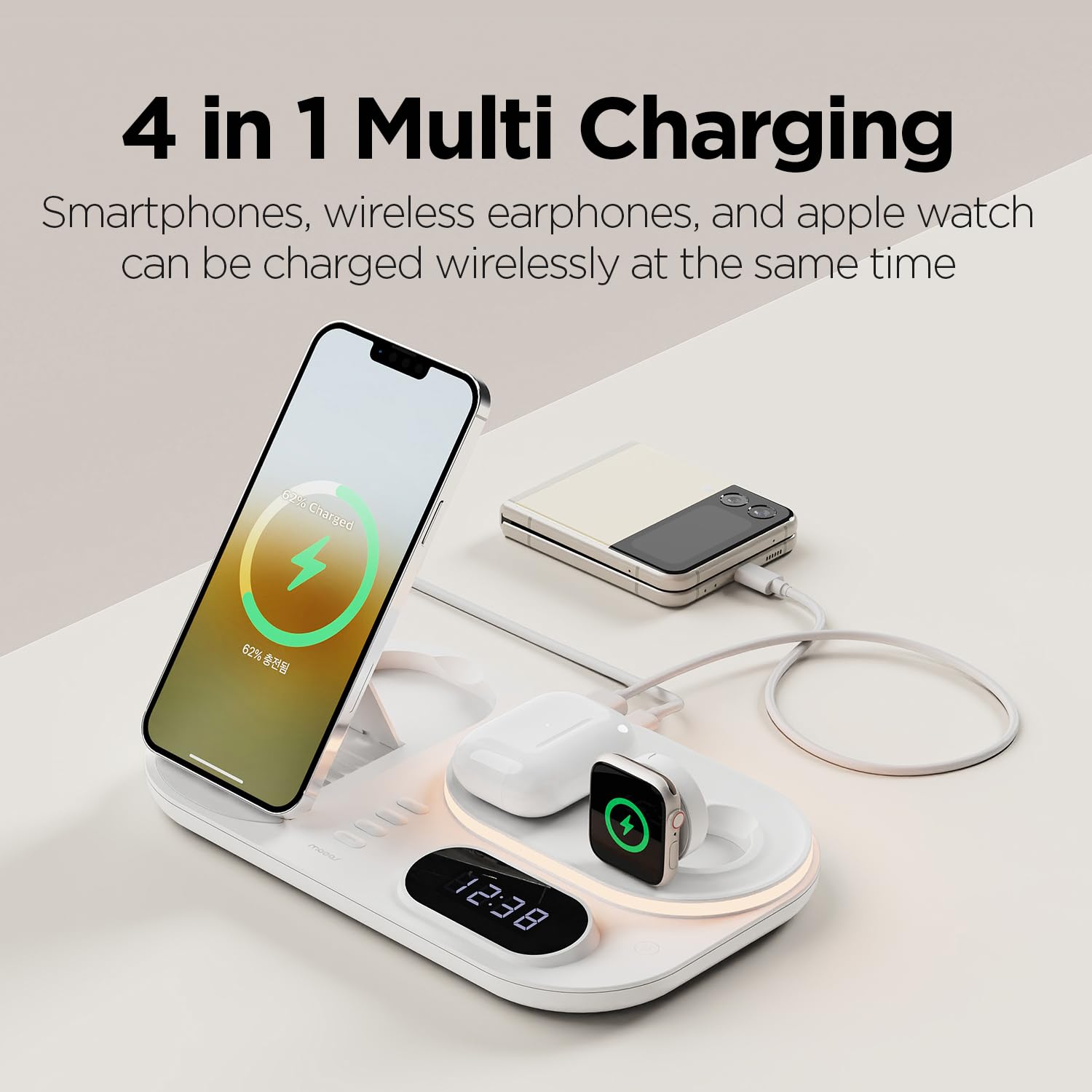 mooas Orologio 4 in 1 con ricarica wireless veloce, stazione di ricarica wireless con orologio LED, compatibile con iPhone 12, Galaxy S22, LG V50 e più recenti, Airpods, Galaxy Buds, Apple Watch