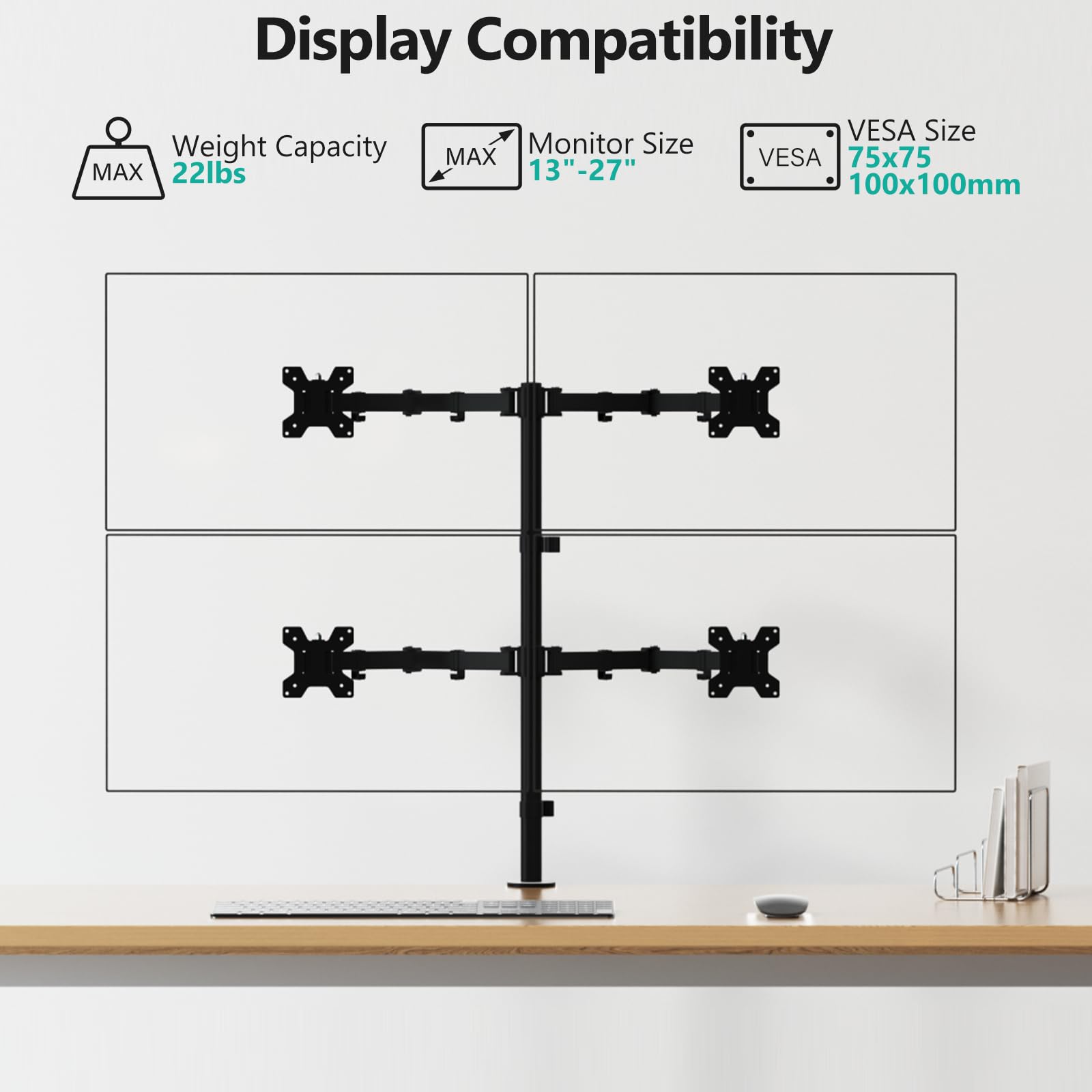 WALI Supporto da scrivania per 4 monitor, adatto a schermi di computer pesanti fino a 27", braccio completamente regolabile per monitor fino a 10 kg per braccio (M004), nero