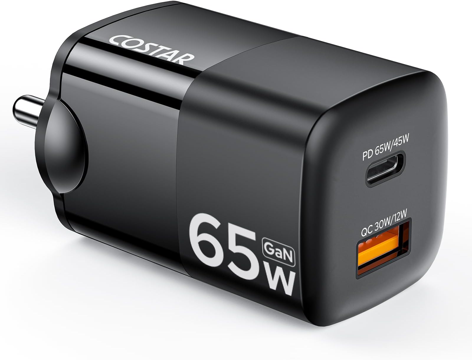 Costar 65W GaN Dual Port Fast Charger QC/PD, 2 in 1 USB & Type C Fast Charger Adapter for Laptop, Lenovo, HP, Asus, Dell, MacBook, iPhone Series, Samsung Galaxy/Note, and Android Devices, Black