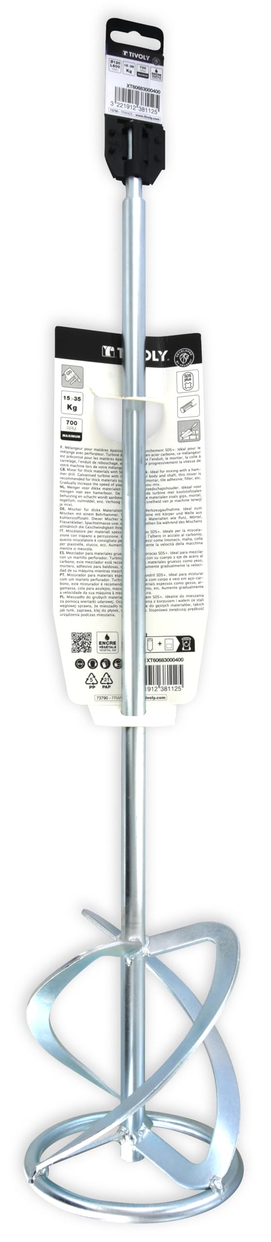 TIVOLY - Mélangeur Matières Épaisses SDS+ pour Perforateur - L600mm - Ø120mm - Tige Acier Carbone - Robuste et Efficace