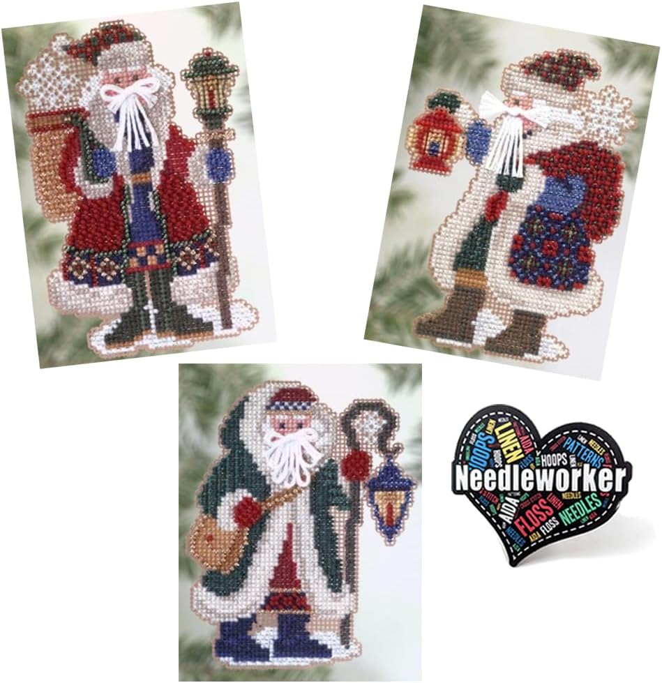 Mill Hill Polar Santa Set (2005) Set of 3 Beaded Cross Stitch Kits Including Snow Drift, Ice Cap and Glacier Santas, Plus Decorative 'Needleworker' Sticker