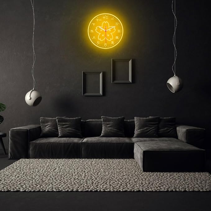 Easesign 25ck1027 Japanese Kanji Cherry Blossoms Home Decor Living Room Colorful LED Flexible Flex Wall Neon Clock 10" (Yellow) photo 2
