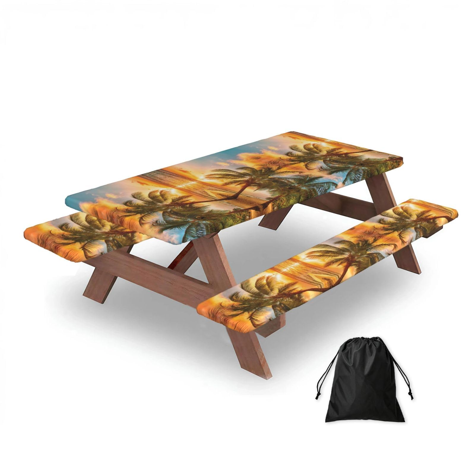 ESNAIUVCD Tropical Beach Palm Tree Sunset Print Picnic Table Cover With Bench Covers,Camping Essentials,Fitted Tablecloth Cover With Elastic Edge, For Indoor & Outdoor 3 Pcs