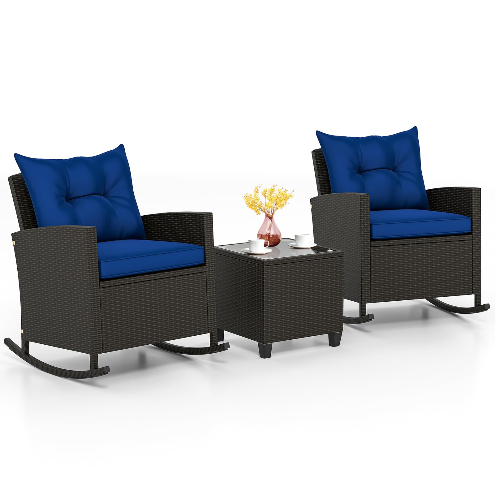 KOTEK 3 Piece Patio Furniture Rocking Bistro Set, Wicker Outdoor Rocking Chairs & Glass Table, PE Rattan Conversation Set for Porch, Balcony, Deck,