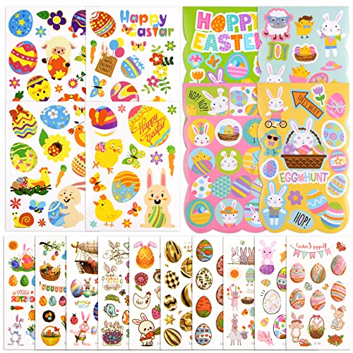 16 Feuilles Autocollant Pâques Stickers Gommettes + 10 Feuilles Tatouages Temporaires Enfants Motif Oeuf Poulet Lapin Happy Easter DIY Décoration pour Pâques Cover