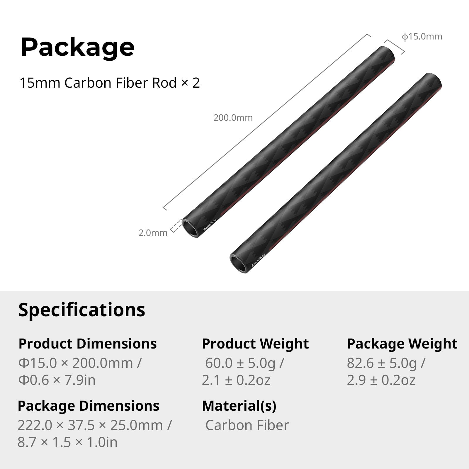 SMALLRIG 15-mm-Carbonfaserstange für 15-mm-Stabhalterungssystem, 20 cm lang, für Stangenklemmen, Mattebox und Follow Focus, 2er-Pack – 5211