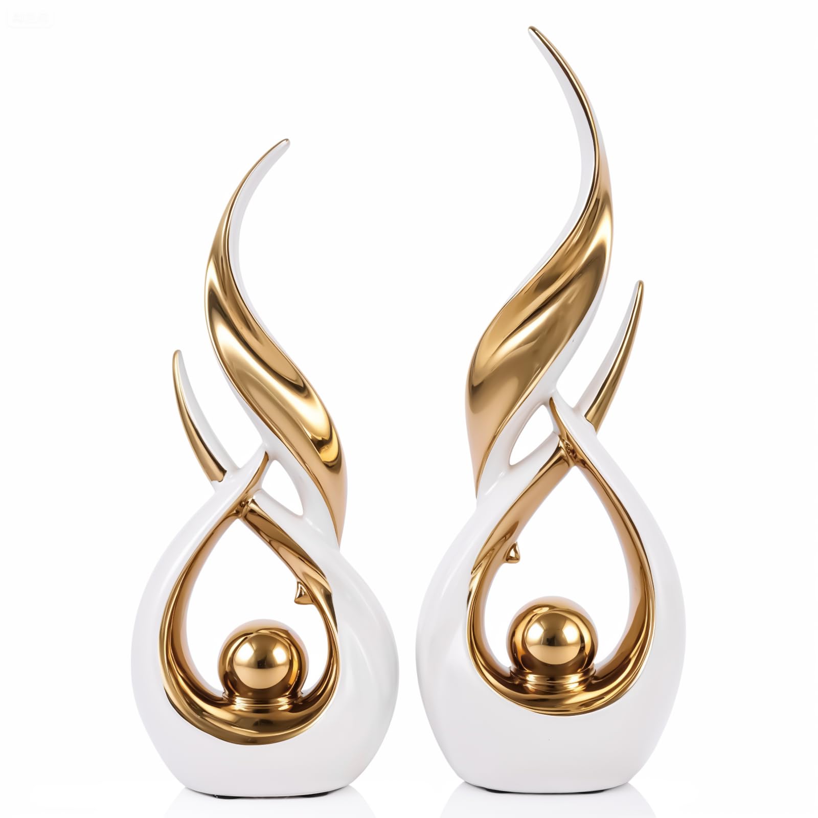 Photo 1 of 2 PCS White Gold Ceramic Statues For Home Decor Accents, Modern Abstract Art Sculptures, Elegant Tabletop Decorative Objects For Dining Room, Entryway, Tv Stand, Mantel, Coffee Table Centerpieces