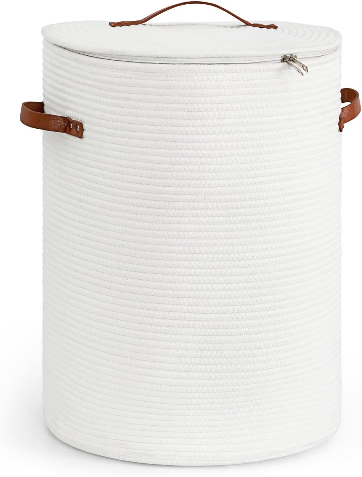 CHICVITATall Laundry Basket with Lid, White Clothes Laundry Hamper for Nursery, Cotton Rope Storage Basket for Clothes, Blankets, Toys, Laundry Bin, 15 x 20 inches